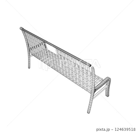 Wireframe Vector Bench isolated. Wooden bench isolated on white background. Park bench isolated over a white background, wrought-iron bench, vector illustration wireframe of outdoor bench. 3D Wireframe Vector Bench isolated. Wooden bench isolated on white background. Park bench isolated over a white background, wrought-iron bench, vector illustration wireframe of outdoor bench. 3D 124639518