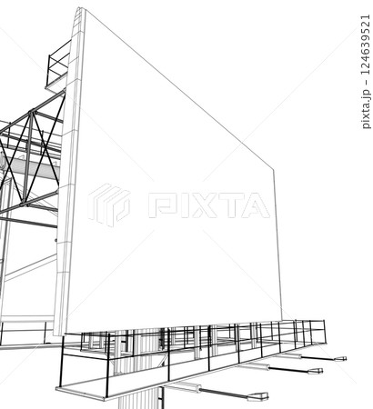 Wireframe big billboard. Mockup for your advertisement and design. Mockup for your advertisement and design. Outdoor advertising billboard wireframe. Empty billboard for displaying advertisements. 3D. 124639521