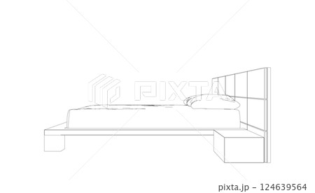 Contour line drawing of double bed. Modern comfortable luxury furnitures for bedroom. Outline of a sleeping bed with pillows from black lines isolated on a white background. Vector illustration. Contour line drawing of double bed. Modern comfortable luxury furnitures for bedroom. Outline of a sleeping bed with pillows from black lines isolated on a white background. Vector illustration. 124639564