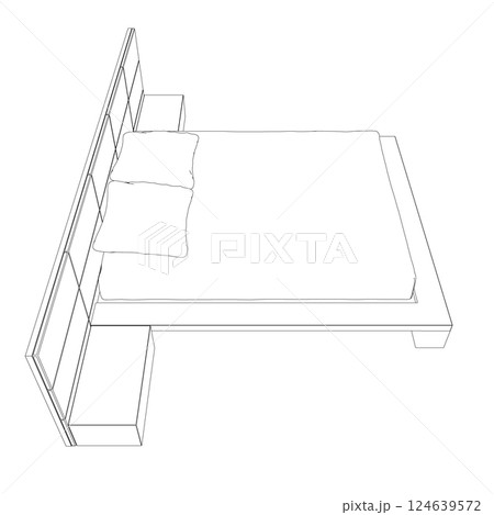 Contour line drawing of double bed. Modern comfortable luxury furnitures for bedroom. Outline of a sleeping bed with pillows from black lines isolated on a white background. Vector illustration. 124639572