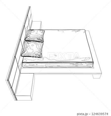 Contour line drawing of double bed. Modern comfortable luxury furnitures for bedroom. Outline of a sleeping bed with pillows from black lines isolated on a white background. Vector illustration. 124639574