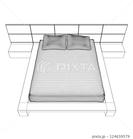 Wireframe drawing of double bed. Modern comfortable luxury furnitures for bedroom. Wireframe of a sleeping bed with pillows from black lines isolated on a white background. Vector illustration. 3D 124639579