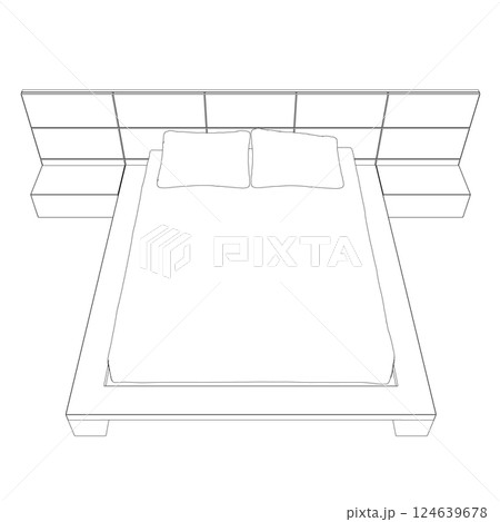 Contour line drawing of double bed. Modern comfortable luxury furnitures for bedroom. Outline of a sleeping bed with pillows from black lines isolated on a white background. Vector illustration. 124639678