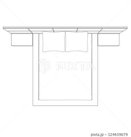 Contour line drawing of double bed. Modern comfortable luxury furnitures for bedroom. Outline of a sleeping bed with pillows from black lines isolated on a white background. Vector illustration. 124639679