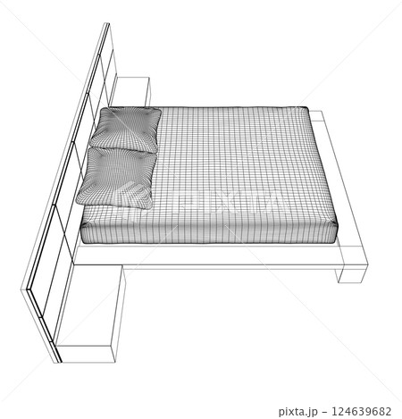 Wireframe drawing of double bed. Modern comfortable luxury furnitures for bedroom. Wireframe of a sleeping bed with pillows from black lines isolated on a white background. Vector illustration. 3D 124639682