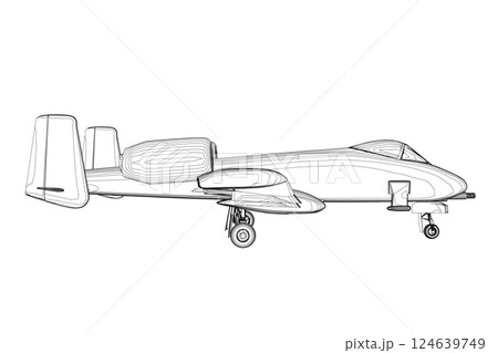 Outline Combat aircraft in isolate on a white background. Modern combat aircraft. Stylized image of a fighter jet on a white background. Vector image for prints, poster and illustrations. Outline Combat aircraft in isolate on a white background. Modern combat aircraft. Stylized image of a fighter jet on a white background. Vector image for prints, poster and illustrations. 124639749