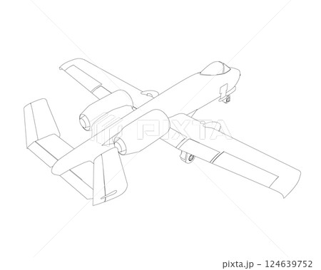 Outline Combat aircraft in isolate on a white background. Modern combat aircraft. Stylized image of a fighter jet on a white background. Vector image for prints, poster and illustrations. 124639752