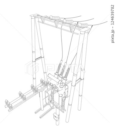 Outline Electric transformer substation. Power grid substation - vector illustration. Electrical substation. The high-voltage transformer and switch. Risk of electric shock. electricity supply. 124639782