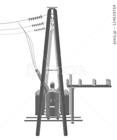Polygonal Electric transformer substation. Power grid substation - vector illustration. Electrical substation. The high-voltage transformer and switch. Risk of electric shock. electricity supply. 3D. 124639784