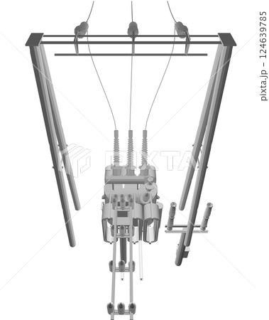 Polygonal Electric transformer substation. Power grid substation - vector illustration. Electrical substation. The high-voltage transformer and switch. Risk of electric shock. electricity supply. 3D. 124639785