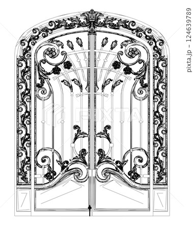 Outline Fence gate isolated cartoon icon. Vector metal entrance. Vector illustration fence gate on white background. Vector illustration fence gate white background. Decorative architectural element 124639789
