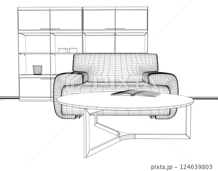 Living room wireframe. Modern interior and furniture. Minimalistic creativity and art. Cartoon flat vector illustration. Outline Interior design with modern living room. Book on the table. 3D. 124639803