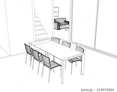 Wireframe Dining room home interior graphic black white sketch illustration vector. Dining table and chairs in wireframe art drawing style. Classic style dining room furniture. Vector illustration. 124639804