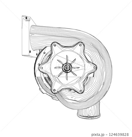 Steam turbine rotor operation. Vector illustration. Automotive turbine outline Steam turbine rotor operation. Vector illustration. Automotive turbine outline 124639828