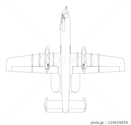 Outline Combat aircraft in isolate on a white background. Modern combat aircraft. Stylized image of a fighter jet on a white background. Vector image for prints, poster and illustrations. Outline Combat aircraft in isolate on a white background. Modern combat aircraft. Stylized image of a fighter jet on a white background. Vector image for prints, poster and illustrations. 124639859