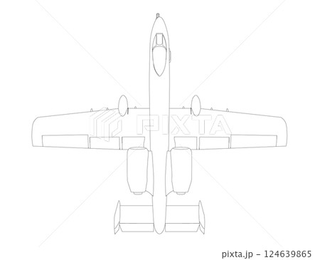 Outline Combat aircraft in isolate on a white background. Modern combat aircraft. Stylized image of a fighter jet on a white background. Vector image for prints, poster and illustrations. 124639865