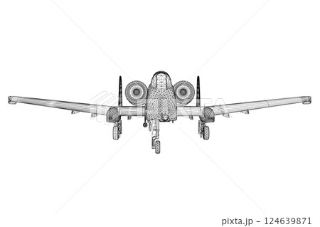 Wireframe Combat aircraft in isolate on a white background. Modern combat aircraft. Stylized image of a fighter jet on a white background. Vector image for prints, poster and illustrations. 3D. 124639871