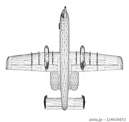 Wireframe Combat aircraft in isolate on a white background. Modern combat aircraft. Stylized image of a fighter jet on a white background. Vector image for prints, poster and illustrations. 3D. 124639872