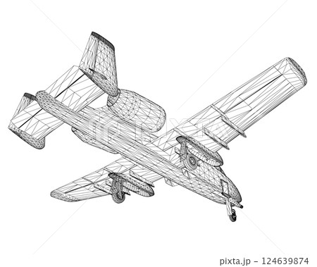 Wireframe Combat aircraft in isolate on a white background. Modern combat aircraft. Stylized image of a fighter jet on a white background. Vector image for prints, poster and illustrations. 3D. 124639874