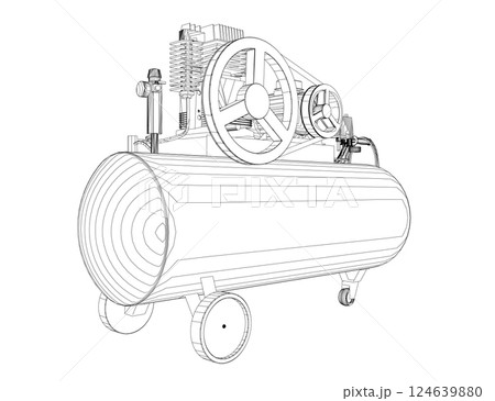 Air Compressor Isolated on White. Air compressor pneumatic icon. Outline air compressor pneumatic vector icon for web design isolated on white background. Outline flat vector design 124639880