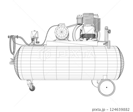 Air Compressor Isolated on White. Air compressor pneumatic icon. Wireframe air compressor pneumatic vector icon for web design isolated on white background. Wireframe flat vector design. 3D. 124639882