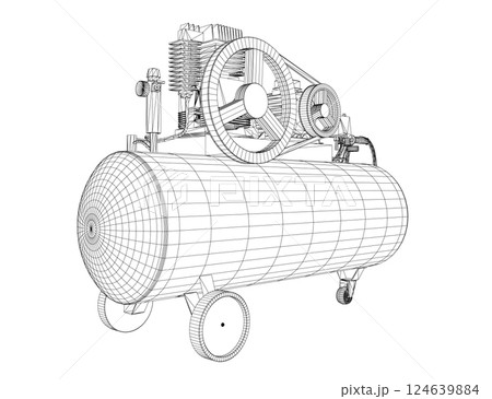 Air Compressor Isolated on White. Air compressor pneumatic icon. Wireframe air compressor pneumatic vector icon for web design isolated on white background. Wireframe flat vector design. 3D. 124639884