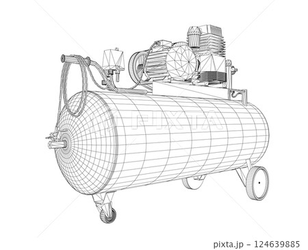 Air Compressor Isolated on White. Air compressor pneumatic icon. Wireframe air compressor pneumatic vector icon for web design isolated on white background. Wireframe flat vector design. 3D. 124639885