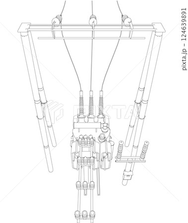 Outline Electric transformer substation. Power grid substation - vector illustration. Electrical substation. The high-voltage transformer and switch. Risk of electric shock. electricity supply. Outline Electric transformer substation. Power grid substation - vector illustration. Electrical substation. The high-voltage transformer and switch. Risk of electric shock. electricity supply. 124639891