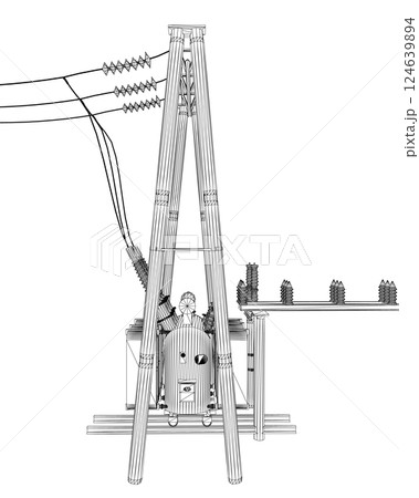 Wireframe Electric transformer substation. Power grid substation - vector illustration. Electrical substation. The high-voltage transformer and switch. Risk of electric shock. electricity supply. 3D. 124639894