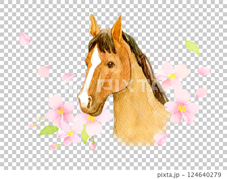 Watercolor illustration: Cherry blossoms and racehorses Watercolor illustration: Cherry blossoms and racehorses 124640279