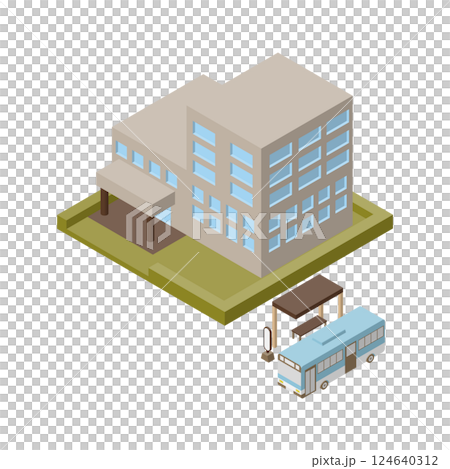 Illustration of a bus parked at a bus stop in front of a building. Isometric, left view. Illustration of a bus parked at a bus stop in front of a building. Isometric, left view. 124640312
