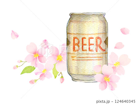 水彩イラスト　缶ビールでお花見 124640345