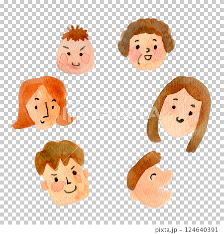水彩イラスト 様々な人々の幸せな表情 水彩イラスト 様々な人々の幸せな表情 124640391