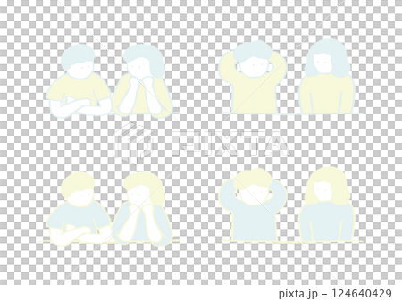 隣同士で会話する人物の手描きイラストセット(淡い色合い) 124640429