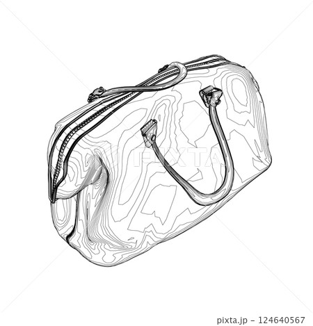 Outline Leather handbags. Luxury modern hand bag with handle, clutch and accessory vector illustration. Cosmetic case bag, Travel toiletry portable bag with handle, small zip bag vector template 124640567