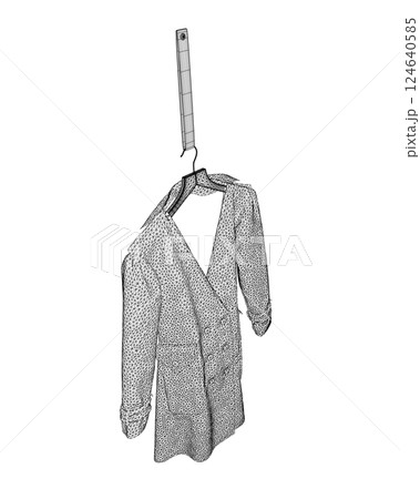 Fashionable outerwear coat wireframe, cloak sketch, contour. Jacket hangs on a hanger. 3D 124640585