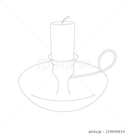 Contour Candle and Holder. Outline of the candlestick on white background. Old fashioned lit candle, candlestick on holder flat icon 124640614