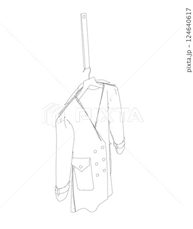 Fashionable outerwear coat outline, cloak sketch, contour. Jacket hangs on a hanger Fashionable outerwear coat outline, cloak sketch, contour. Jacket hangs on a hanger 124640617
