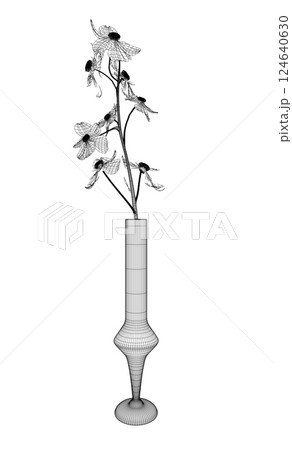 Wireframe of Flowers line drawing vector art in a vase for decoration. Line flower bouquets in vases, vector illustration. 3D Wireframe of Flowers line drawing vector art in a vase for decoration. Line flower bouquets in vases, vector illustration. 3D 124640630