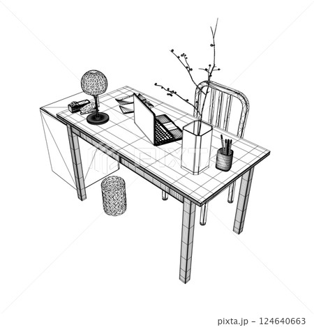 Empty Workplace wireframe, Desk Chair Computer Workspace Office No People. Office workplace flat design. Creative workplace modern open space empty nobody office interior contemporary. 3D 124640663