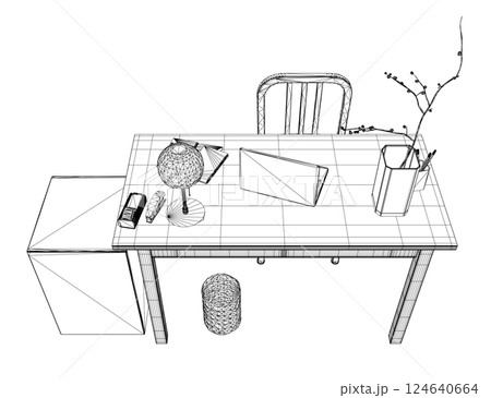 Empty Workplace wireframe, Desk Chair Computer Workspace Office No People. Office workplace flat design. Creative workplace modern open space empty nobody office interior contemporary. 3D 124640664