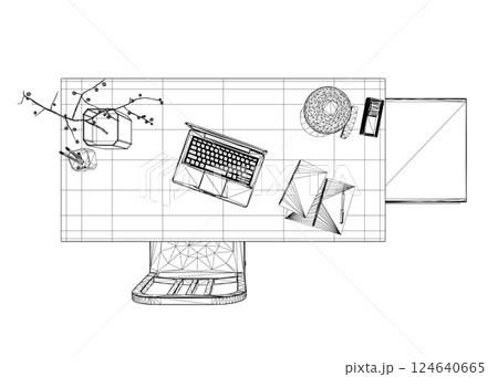 Empty Workplace wireframe, Desk Chair Computer Workspace Office No People. Office workplace flat design. Creative workplace modern open space empty nobody office interior contemporary. 3D 124640665