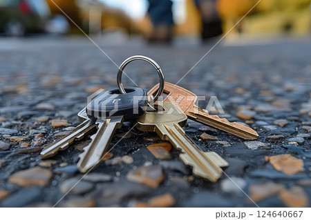 A lost keys on the street and a blurred crowd of people on a city street. A close-up of keys, contrasting with the blurred crowd. 124640667