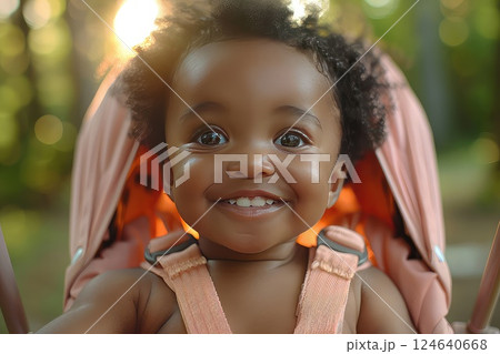 Happy kid in a stroller. The happy child in the stroller takes in the surroundings, making every moment of the outdoor adventure memorable. 124640668