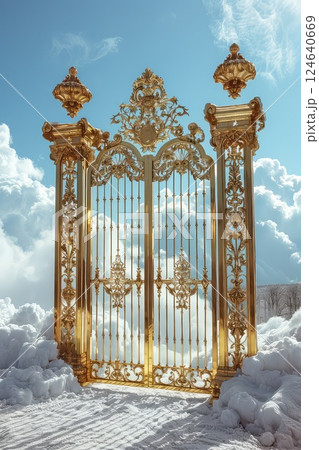 Closed golden gates of Paradise against the background of white clouds. Closed entrance to Paradise for sinners. The closed gates of Paradise shimmer against the clouds, a symbol of hope and regret. 124640669