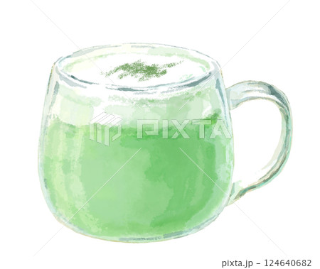 シンプルなガラスのマグカップに入った温かい抹茶ラテの水彩イラスト シンプルなガラスのマグカップに入った温かい抹茶ラテの水彩イラスト 124640682