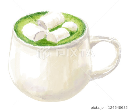 マシュマロがのったホット抹茶ラテの水彩イラスト 124640683