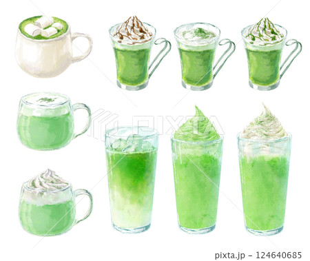 抹茶ドリンクの水彩イラストセット 抹茶ドリンクの水彩イラストセット 124640685