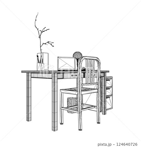 Empty Workplace wireframe, Desk Chair Computer Workspace Office No People. Office workplace flat design. Creative workplace modern open space empty nobody office interior contemporary. 3D Empty Workplace wireframe, Desk Chair Computer Workspace Office No People. Office workplace flat design. Creative workplace modern open space empty nobody office interior contemporary. 3D 124640726