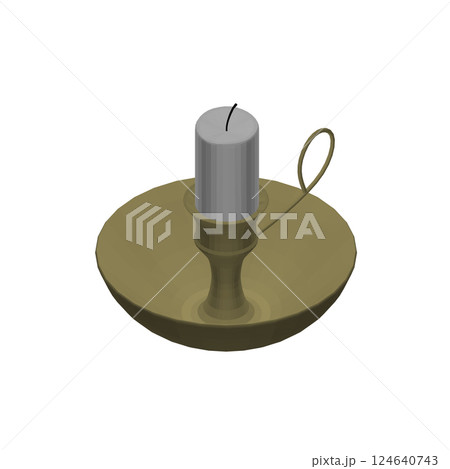 Polygonal Candle and Holder. Polygonal of the candlestick on white background. Old fashioned lit candle, candlestick on holder flat icon. 3D 124640743